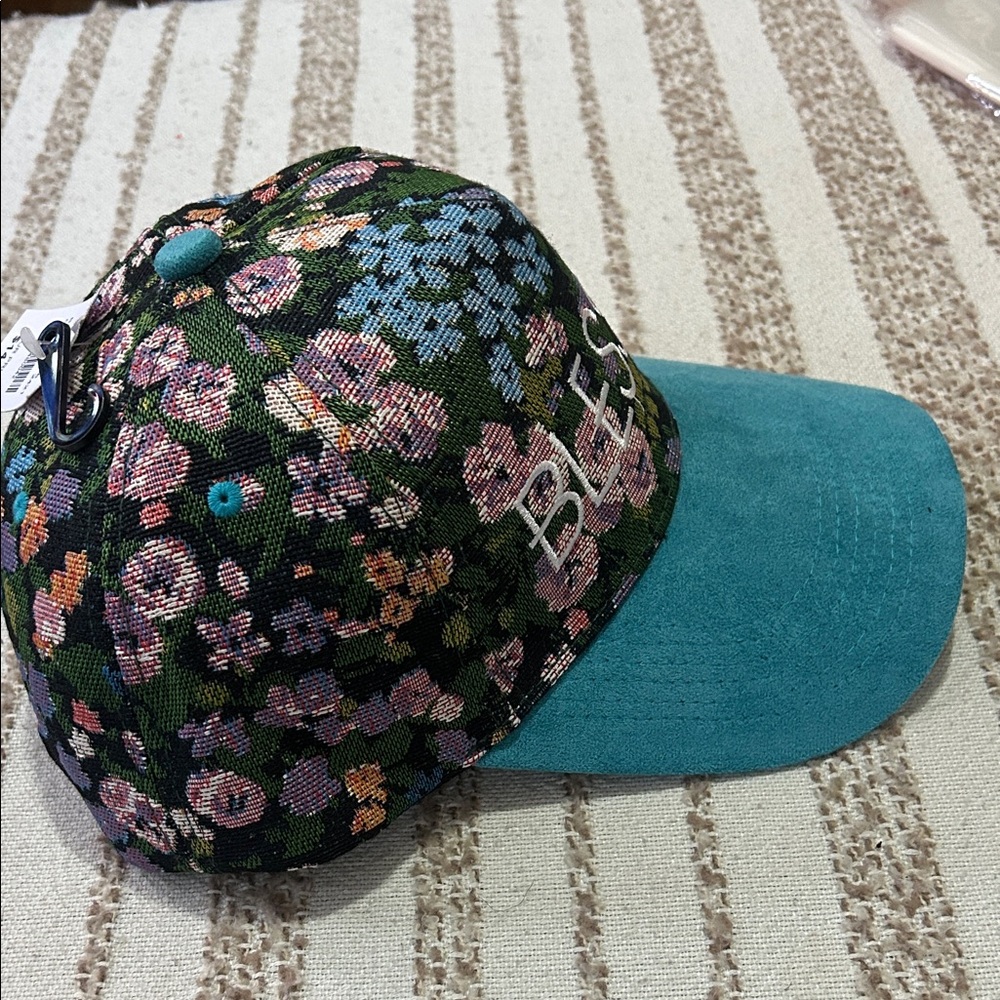 Blessed Floral Baseball Cap with teal color suede brim - Picture 3 of 6